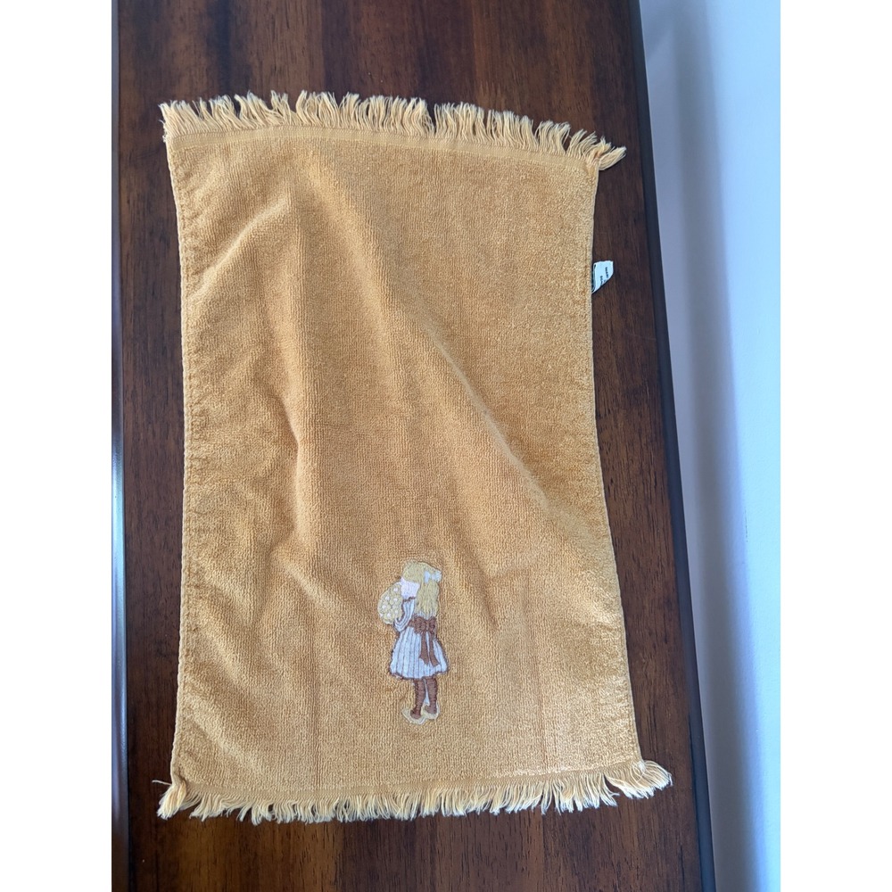 Vintage Fieldcrest Fingertip Towel Tan Girl Embroidered Flowers USA Made